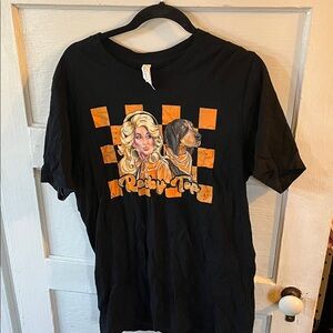 Black Graphic T-Shirt with Orange Design. Dolly and Smokey rocky top tee shirt